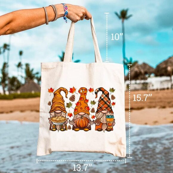 Cute Fall Gnomes Canvas Tote Bag for Women Aesthetic Autumn Leaves Pumpkin Reusa - Picture 3 of 5